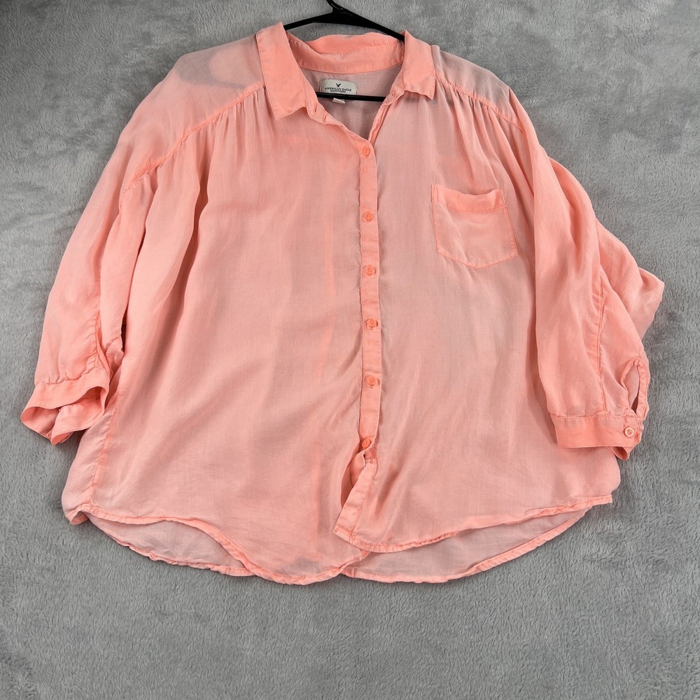 American Eagle Button Shirt XL Coral Pink Lyocell Boho Blouse Top Paper Thin